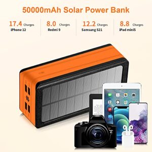 Solar Power Bank 50000mAh, Portable Solar Phone Charger with Flashlight, 4 Output Ports, 2 Input Ports, Solar Battery Bank Compatible with iPhone for Camping, Hiking, Trips