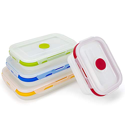 CARTINTS Collapsible Food Storage Containers with Lids, Reusable Silicone Food Containers, Silicone Bento Lunch Box, for Freeze or Store, Food Grade, Leakproof, Space Saving, Set of 4