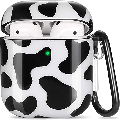 Airpods Case Cover Cow, Olytop Cute Airpods Protective Case Cover Printed Hard Skin Women Girl for Apple Airpods Charging Case with Keychain AirPods 2nd 1st Gen (Black Cow)