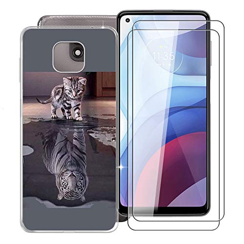 Phone Case for Motorola Moto G Power 2021 (6.6"), with [2 x Tempered Glass Protective Film], KJYF Clear Soft TPU Shell Ultra-Thin [Anti-Scratch] [Anti-Yellow] Case for Moto G Power 2021 - Cat or tiger