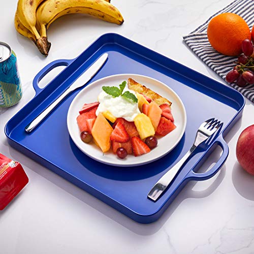 i BKGOO Foodservice Royal Blue Plastic Tray with Handle Set of 2 Large Melamine Cube Serving Platters for Parties, Table, Kitchen Size(12.5"x12.5"x1")