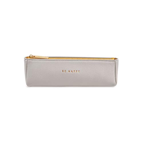 Katie Loxton Be Happy Womens Small Vegan Leather Zippered Pen and Pencil Pouch Organizer in Grey
