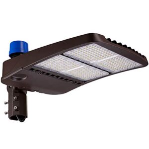 leonlite 300w led parking lot light, dusk to dawn adjustable shoebox pole lights with photocell, commercial led street lighting, ul listed, 1-10v dimmable, ip65 waterproof, 5000k daylight