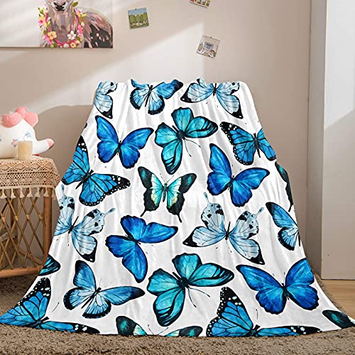 Butterfly Blanket Blue Butterfly Throw Blanket Flannel Fleece Blanket Chic Blue Super Soft Warm Plush Blanket for Bedroom Couch Sofa (Throw(50"x60"), Blue Butterfly)