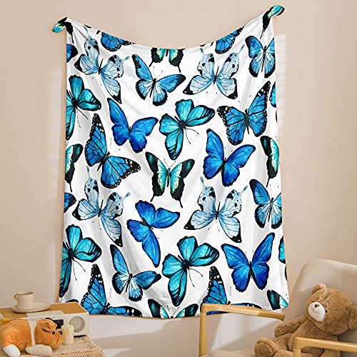Butterfly Blanket Blue Butterfly Throw Blanket Flannel Fleece Blanket Chic Blue Super Soft Warm Plush Blanket for Bedroom Couch Sofa (Throw(50"x60"), Blue Butterfly)