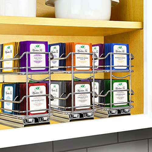 LYNK PROFESSIONAL® Slide Out Tea Bag Holder Organizer - Double Upper Kitchen Cabinet Pull Out Rack, Organize Up To 140 Tea Bags - Lifetime Limited Warranty - Chrome