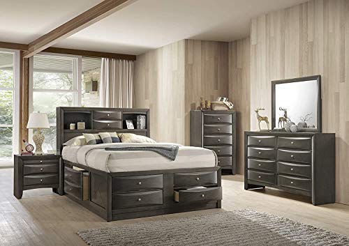 HABITRIO Queen Bed with Storage, Solid Wood Queen Size Bed Frame with Headboard (2 Bookcase, 2 Drawers), Footboard (4 Drawers), Rail with 2 Drawers, Wooden Slat, No Box Spring Needed, Gray Oak