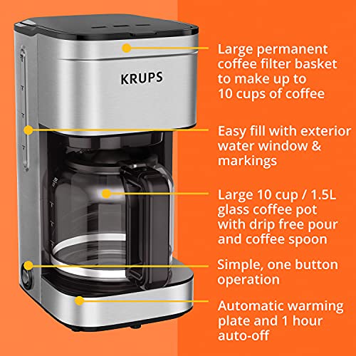 Krups Simply Brew Stainless Steel Drip Coffee Maker 10 Cup 900 Watts Coffee Filter, Drip Free, Dishwasher Safe Pot Silver and Black