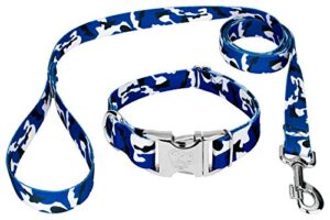 country brook petz - premium royal blue and white camo dog collar and leash - sports and athletics collection with 15 spirited designs (5/8 inch, small)