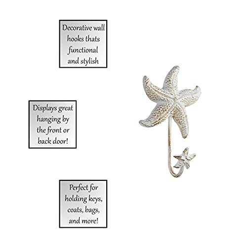 47th & Main Coastal Cast Iron Wall Hook, 3.85" L x 2.95" H, White Starfish