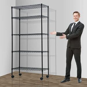 5 tier wire shelving unit storage metal shelf standing shelf units nsf heavy duty height adjustable garage shelving 14" w x 30" l x 60" h with wheels large commercial shelving black