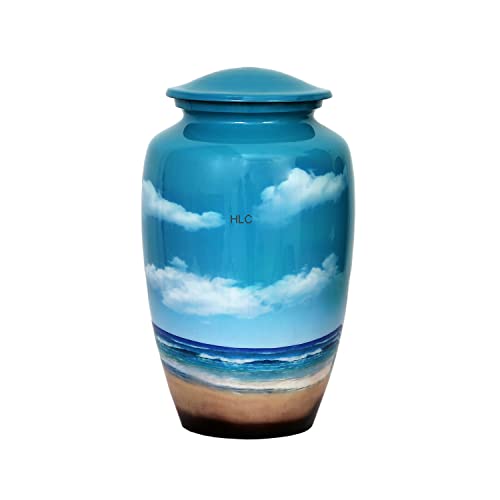 HLC URNS – Beach Blue Cremation Urn for Human Ashes - Adult Funeral Urn Handcrafted - Affordable Urn for Ashes (Adult (200 lbs) – 10.5 x 6 “, Cremation Urn)