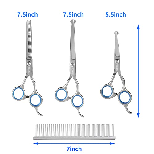 TOPGOOSE Dog Grooming Scissors Set, Safety Round Tip Grooming Tools 6 Pieces Kit for Pet Dogs Cats Full Body - Professional Curved, Thinning, Straight Scissors, Comb, Nail Clipper and Nail File