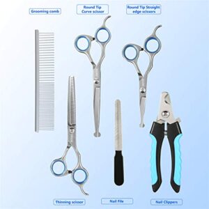 TOPGOOSE Dog Grooming Scissors Set, Safety Round Tip Grooming Tools 6 Pieces Kit for Pet Dogs Cats Full Body - Professional Curved, Thinning, Straight Scissors, Comb, Nail Clipper and Nail File