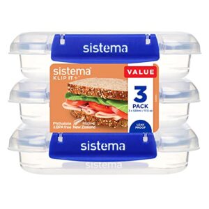 sistema klip it plus food storage containers | 520 ml | 3 piece airtight sandwich containers set | leak-proof seal | easy locking clips | bpa-free