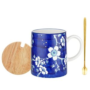 taimei teatime ceramic coffee mug set with lid and spoon, 16.9 oz large coffee mug with handpainted cherry blossom pattern, tea cup with lid for home| office, tea mug gift for women, blue