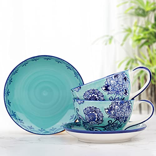 Taimei Teatime Ceramic Coffee Cups and Saucers,10.8oz Tea Mugs with Plates of 2, Green Handpainted Floral Large Tea Mugs for Tea, Cappuccino, Latte or Americano