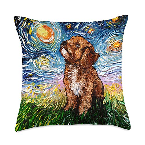 Sagittarius Gallery Cavapoo Starry Night Impressionist Dog Art by Aja Throw Pillow, 18x18, Multicolor