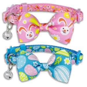 pohshido easter cat collar with bow tie, holiday 2 pack kitty kitten cute bunny carrot collar for girls and boys (hoppy hour/pink)