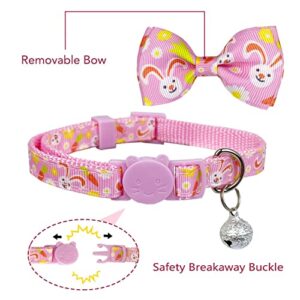 Pohshido Easter Cat Collar with Bow Tie, Holiday 2 Pack Kitty Kitten Cute Bunny Carrot Collar for Girls and Boys (Hoppy Hour/Pink)