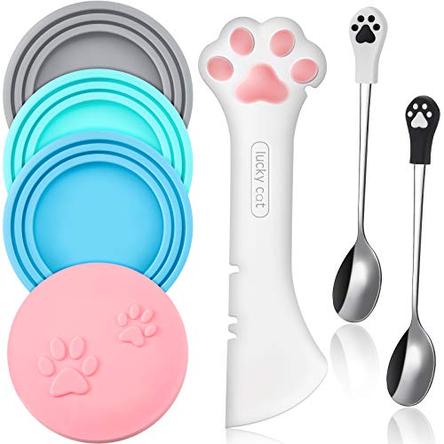 Perthlin 7 Pieces Pet Food Can Supplies Set Include 4 Pieces Silicone Pet Can Covers Cat Can Lids 1 Pieces Multifuctional Pet Can Opener and 2 Pieces Dog Claw Spoons for Pets Dogs Cats Feeding Can