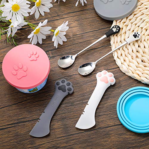 Perthlin 7 Pieces Pet Food Can Supplies Set Include 4 Pieces Silicone Pet Can Covers Cat Can Lids 1 Pieces Multifuctional Pet Can Opener and 2 Pieces Dog Claw Spoons for Pets Dogs Cats Feeding Can