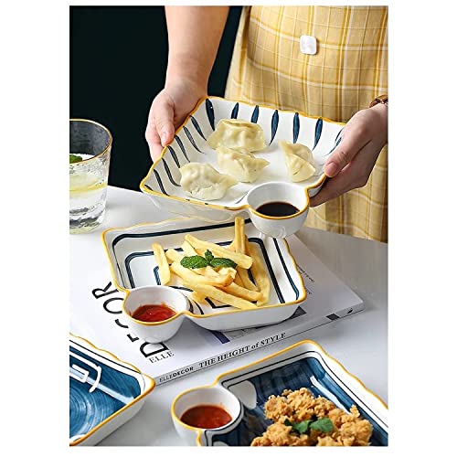 La Cocina ceramic dumpling plate with sauce compartment, 8" serving plate with sauce holder, chips and salsa plate, Japanese plate dip, serving plate with sauce divider, sauce dish, set of 2