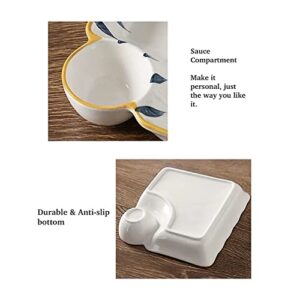 La Cocina ceramic dumpling plate with sauce compartment, 8" serving plate with sauce holder, chips and salsa plate, Japanese plate dip, serving plate with sauce divider, sauce dish, set of 2