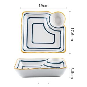 La Cocina ceramic dumpling plate with sauce compartment, 8" serving plate with sauce holder, chips and salsa plate, Japanese plate dip, serving plate with sauce divider, sauce dish, set of 2