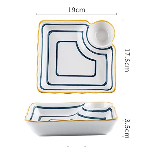 La Cocina ceramic dumpling plate with sauce compartment, 8" serving plate with sauce holder, chips and salsa plate, Japanese plate dip, serving plate with sauce divider, sauce dish, set of 2