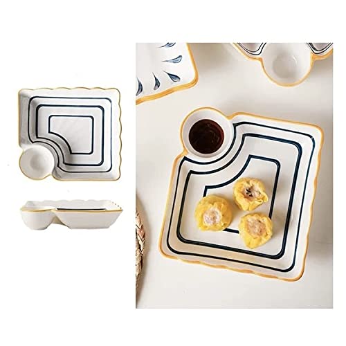 La Cocina ceramic dumpling plate with sauce compartment, 8" serving plate with sauce holder, chips and salsa plate, Japanese plate dip, serving plate with sauce divider, sauce dish, set of 2