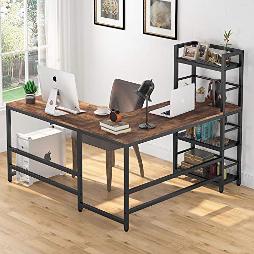 Tribesigns 59 Inch L Shaped Desk with Storage Bookshelf, Reversible Corner Desk with 4 Tier Shelves for Home Office, Space-Saving L Shaped Computer Desk Writing Study Table PC Gaming Desk(Vintage)