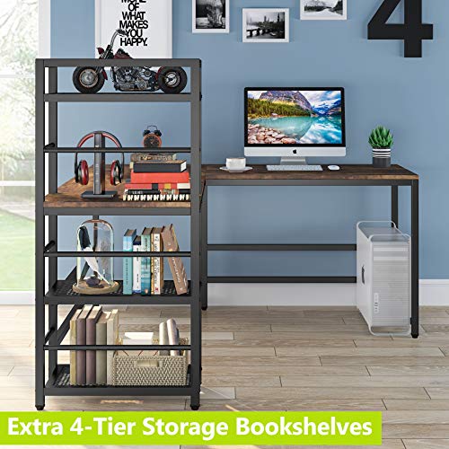 Tribesigns 59 Inch L Shaped Desk with Storage Bookshelf, Reversible Corner Desk with 4 Tier Shelves for Home Office, Space-Saving L Shaped Computer Desk Writing Study Table PC Gaming Desk(Vintage)