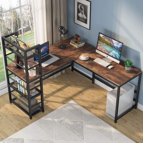 Tribesigns 59 Inch L Shaped Desk with Storage Bookshelf, Reversible Corner Desk with 4 Tier Shelves for Home Office, Space-Saving L Shaped Computer Desk Writing Study Table PC Gaming Desk(Vintage)