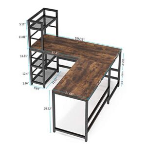 Tribesigns 59 Inch L Shaped Desk with Storage Bookshelf, Reversible Corner Desk with 4 Tier Shelves for Home Office, Space-Saving L Shaped Computer Desk Writing Study Table PC Gaming Desk(Vintage)