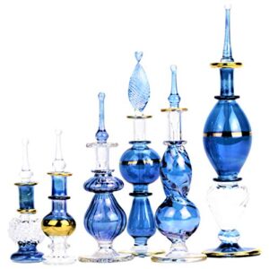 NileCart Egyptian Perfume Bottles All blue 2-5 in Collection Set of 6 Mouth-Blown Decorative Glass with Handmade Golden Egyptian Decoration for Perfumes & Essential Oils