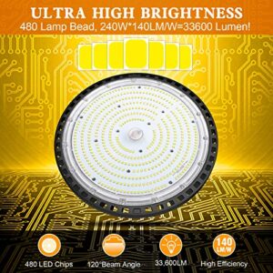 TREONYIA UFO LED High Bay Light, 240W Commercial Bay Lighting 1-10V Dimmable ETL&DLC Listed 33600LM 5000K, 5' Cable with US Plug Led Shop Lights for Warehouse Workshop Garage Factory