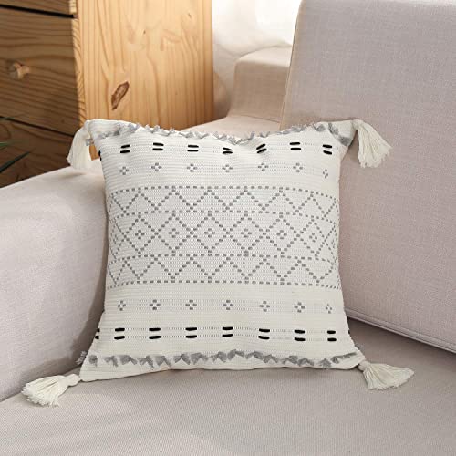 Moroccan Boho Decorative Throw Pillow Cover 18X18 Inch, Super Soft Woven Comfy Tufted Pillowcase with Tassels, Classic Pattern Pillow for Sofa Couch Living Room (Gray, 18"x18")