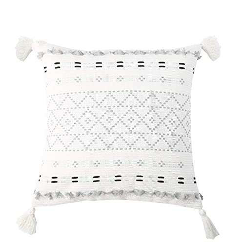 Moroccan Boho Decorative Throw Pillow Cover 18X18 Inch, Super Soft Woven Comfy Tufted Pillowcase with Tassels, Classic Pattern Pillow for Sofa Couch Living Room (Gray, 18"x18")