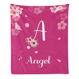 custom blanket with name text,personalized beautiful pink peach blossom rose red super soft fleece throw blanket for couch sofa bed (50 x 60 inches)