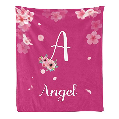 Custom Blanket with Name Text,Personalized Beautiful Pink Peach Blossom Rose Red Super Soft Fleece Throw Blanket for Couch Sofa Bed (50 X 60 inches)