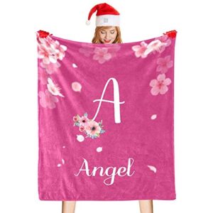 Custom Blanket with Name Text,Personalized Beautiful Pink Peach Blossom Rose Red Super Soft Fleece Throw Blanket for Couch Sofa Bed (50 X 60 inches)