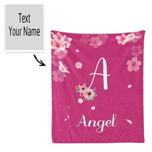 Custom Blanket with Name Text,Personalized Beautiful Pink Peach Blossom Rose Red Super Soft Fleece Throw Blanket for Couch Sofa Bed (50 X 60 inches)