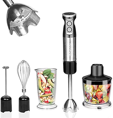 Soonye Immersion Hand Blender, Multifunctional 5-in-1 304 Stainless Stick Blender With 500ml Food Grinder, 600ml Container, Milk Frother, Egg Whisk, BPA-Free, black