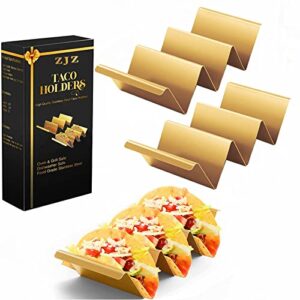 zjz taco holders 2 packs - stainless steel taco stand rack tray, reversible tortilla holder tray can hold 2 or 3 shells, oven, grill and dishwasher safe (gold)
