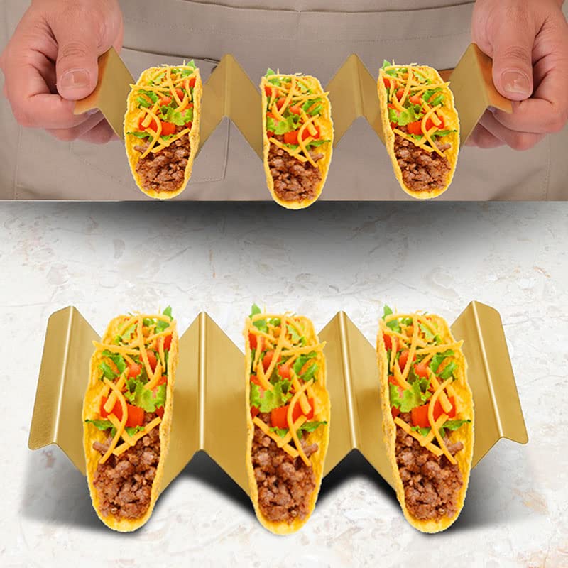 ZJZ Taco Holders 2 Packs - Stainless Steel Taco Stand Rack Tray, Reversible Tortilla Holder Tray Can Hold 2 or 3 Shells, Oven, Grill and Dishwasher Safe (Gold)