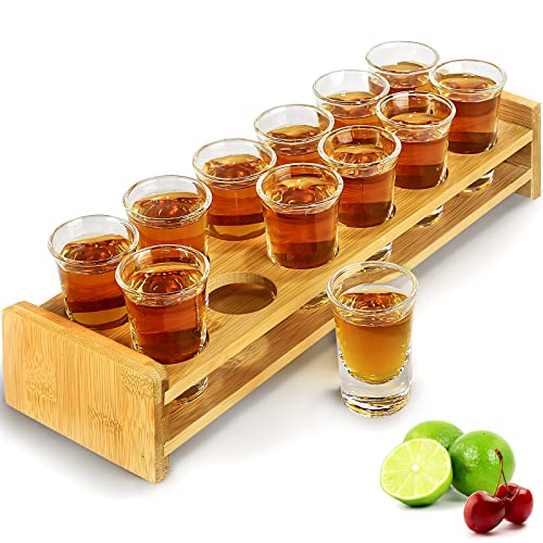 Supwinnet Gift Set-Shot Glasses Set 12pcs 30ml/1oz Shot Glass Tray Holder Organizer Straight Thick Base Clear Whiskey Tequila Glass Cups for Liqueurs Party Club Home Bar Drinking (Set of 12)