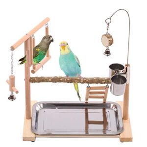 bird playground birdcage playstand parrot play gym parakeet cage decor budgie perch stand with feeder seed cups ladder hanging swing chew toys conure macaw cockatiel finch (prickly ash wood)