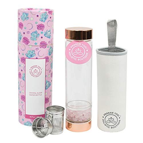 PRANAM YOGI Crystal Water Bottle - Rose Quartz Gemstone Infused Elixir Water Bottle with Loose Leaf Tea Infuser and Protective Sleeve - Wellness Glass and Rose Gold Stainless Steel - 15 oz