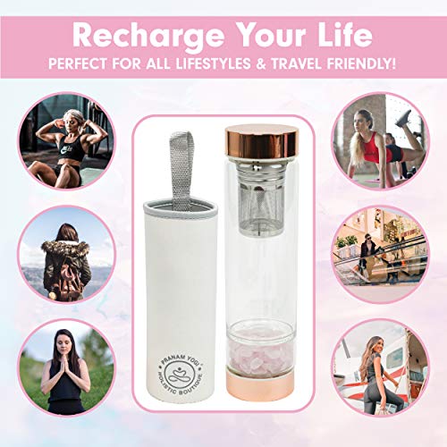 PRANAM YOGI Crystal Water Bottle - Rose Quartz Gemstone Infused Elixir Water Bottle with Loose Leaf Tea Infuser and Protective Sleeve - Wellness Glass and Rose Gold Stainless Steel - 15 oz